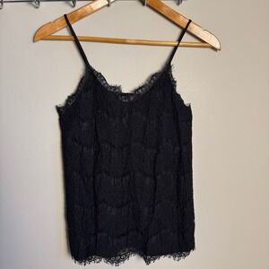 Monteau Black Lace Overlay Fringe Cami Tank‎ Top Women's Medium Gothic Coquette